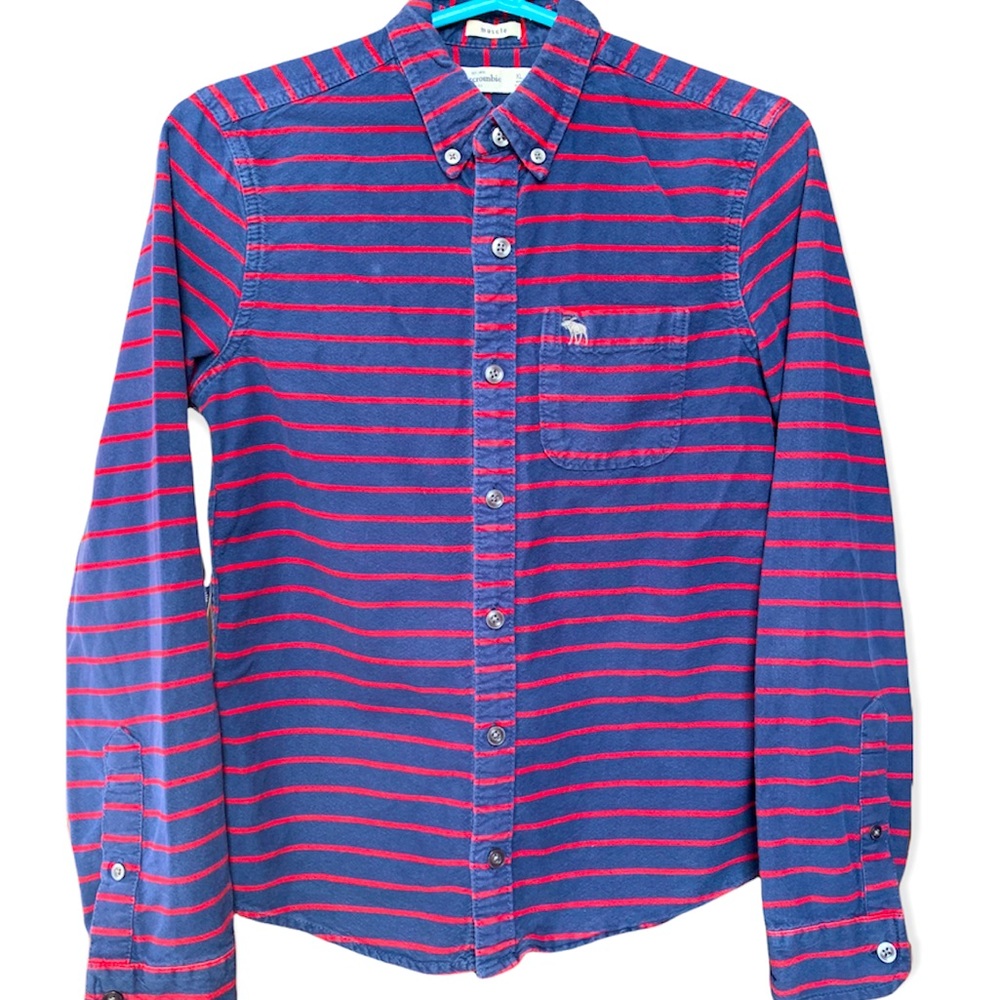 Abercrombie Kids Boys Blue Red Stripe Cotton Button Down Casual Cozy Shirt XL